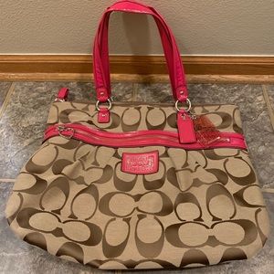 Large Tan & Pink Accent Coach Purse